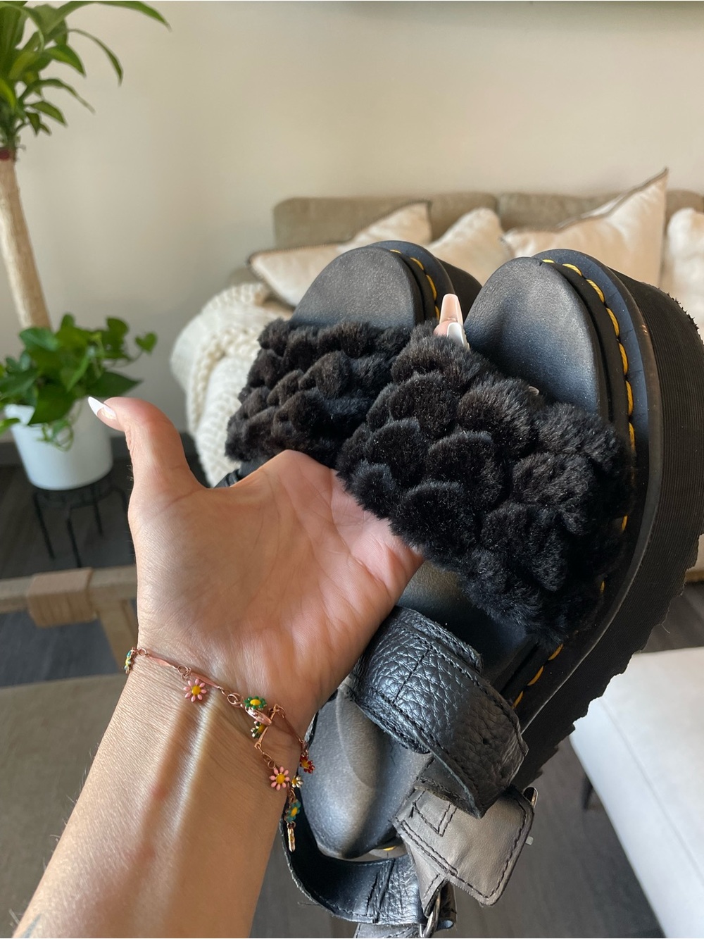 Dr. Martens Black Furry Platform Sandals with Yellow Stitching - Picture 2 of 10